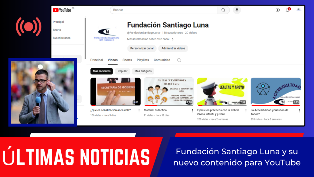 Imagen de la noticia del contenido realizado por la fundación para el canal de YouTube, al etilo de un titular de noticias. Aparece periodista presentando pantalla en donde se puede visualizar el canal con los último videos publicados.