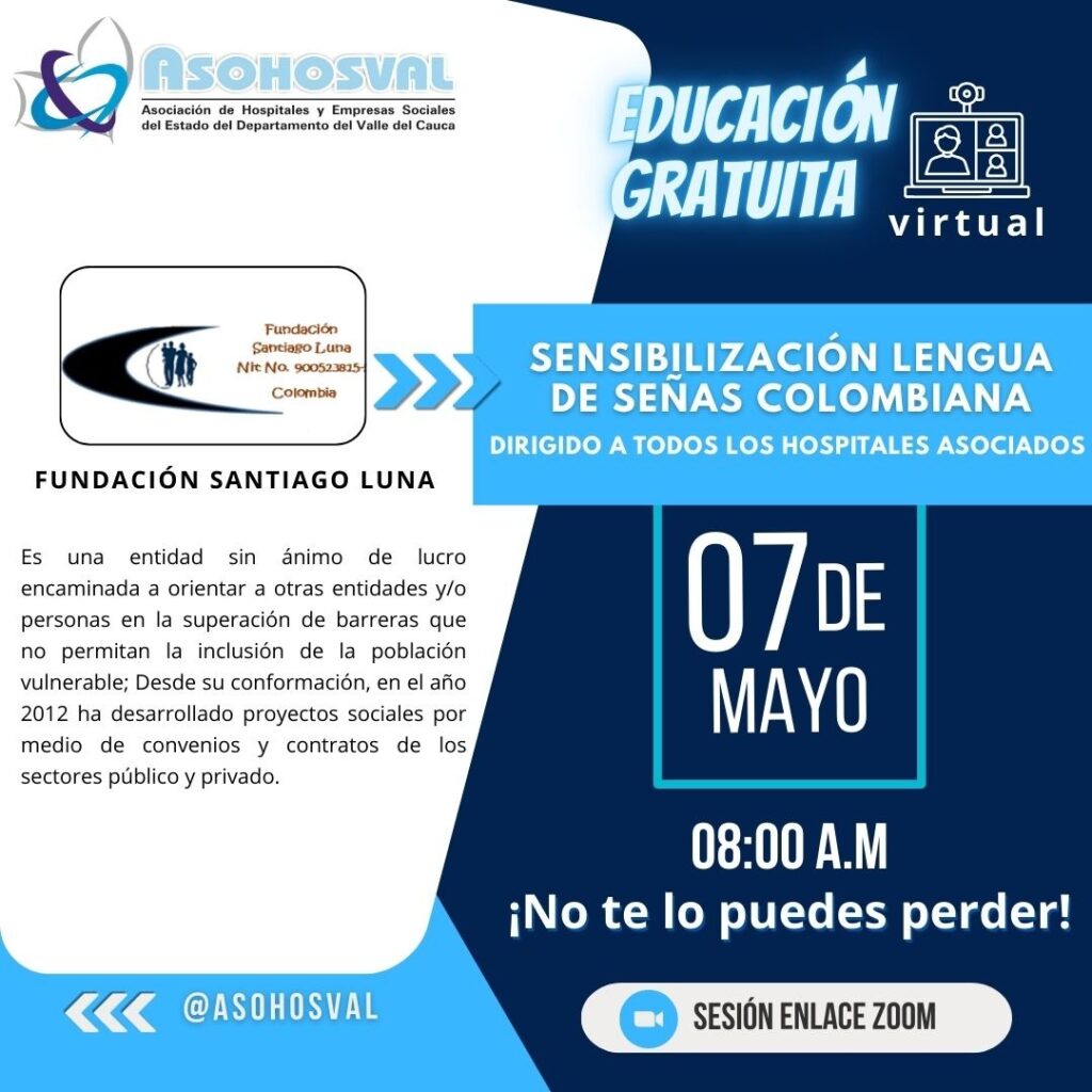 Flyer con información de la charla virtual de la fundación con ASOHOSVAL